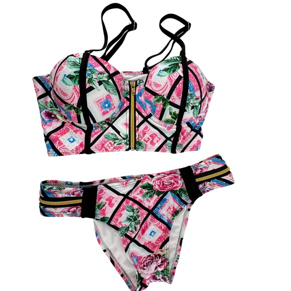 Unbranded Other - Bikini Set Bustier Push Up Women M Pink Floral Geometric Zipper Detail